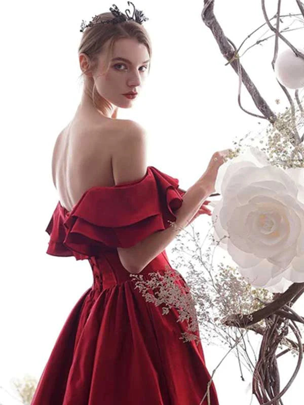 Elegant Off the Shoulder Red Satin Long Formal Evening Prom Dresses Online, BG161