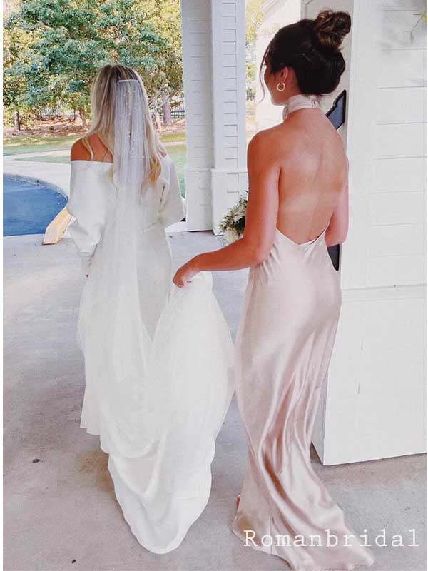 Simple Halter Mermaid Backless Sleeveless Satin Bridesmaid Dresses, BG232