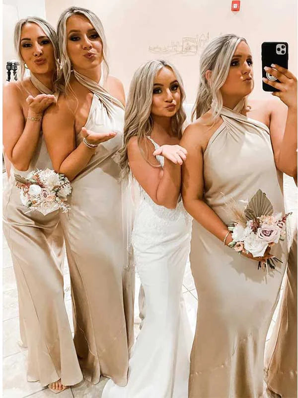 Cross Front Halter Champagne Floor Length Bridesmaid Dresses