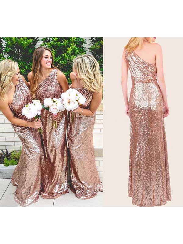 Rose Gold Sparkly Sequins Lace One Shoulder Bridesmaid Dresses, BG164