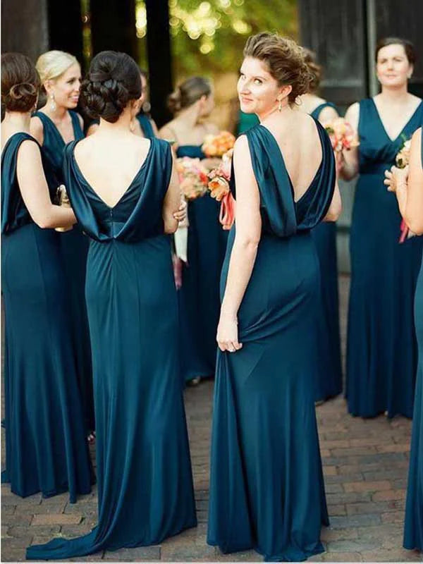 A-line V-neck Backless Navy-Blue Bridesmaid Dresses, BG165