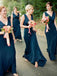 A-line V-neck Sweep Train Backless Navy Blue Bridesmaid Dresses, BG165