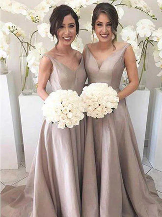 Simple V-neck Sleeveless High Low Sweep Trailing Silver Bridesmaid Dresses, BG166