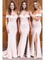 Elegant Off the Shoulder Pink Mermaid Long Satin Bridesmaid Dresses with Side Slit, BG218