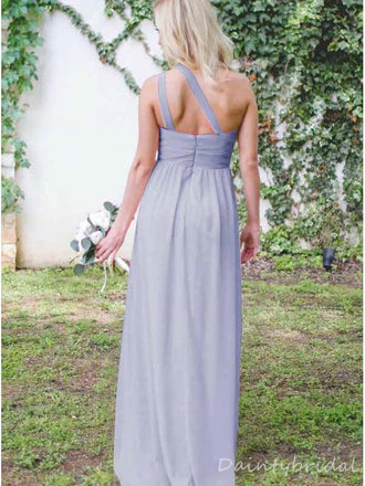 Simple Chiffon One Shoulder Sheath Long Satin Bridesmaid Dresses, BG221