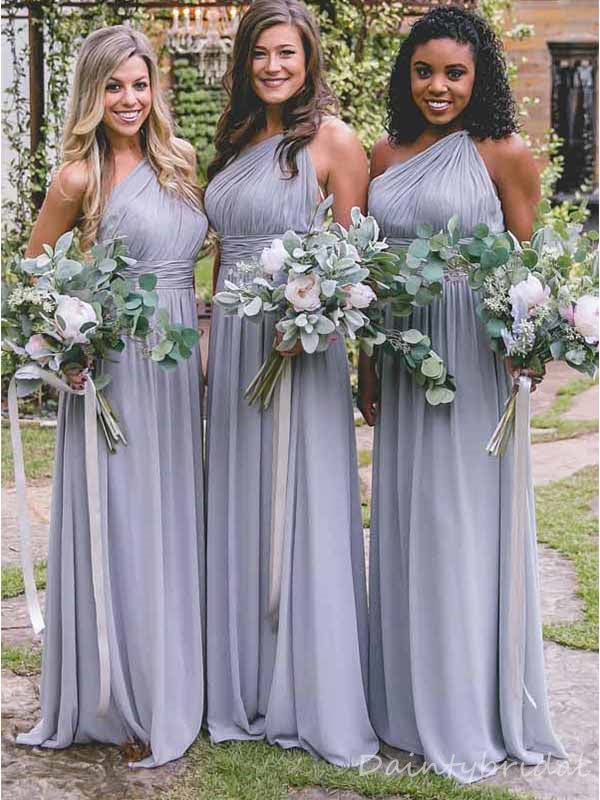 Simple Chiffon One Shoulder Sheath Long Satin Bridesmaid Dresses, BG221