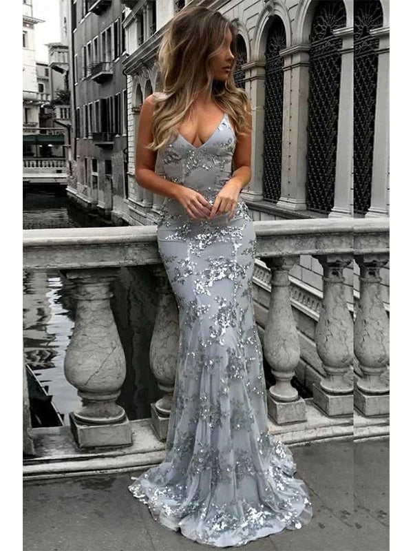 Mermaid Deep V neck Sweep Trailing Grey Tulle Prom Dress Evening