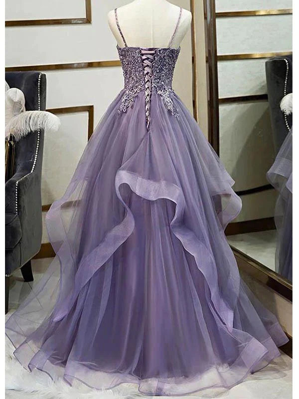 Unique Long Tulle Spaghetti Straps Prom Dress Evening Dress with Lace Applique, OL594