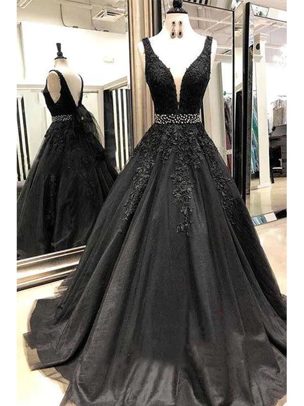 A-line V-neck Open Back Black Lace Long Prom Dress Evening Dress with Beading, OL597