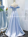 Elegant Light Blue Off the Shoulder Satin A-line Sleeveless Long Prom Dresses Formal Dress, OL765