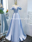 Elegant Light Blue Off the Shoulder Satin A-line Sleeveless Long Prom Dresses Formal Dress, OL765