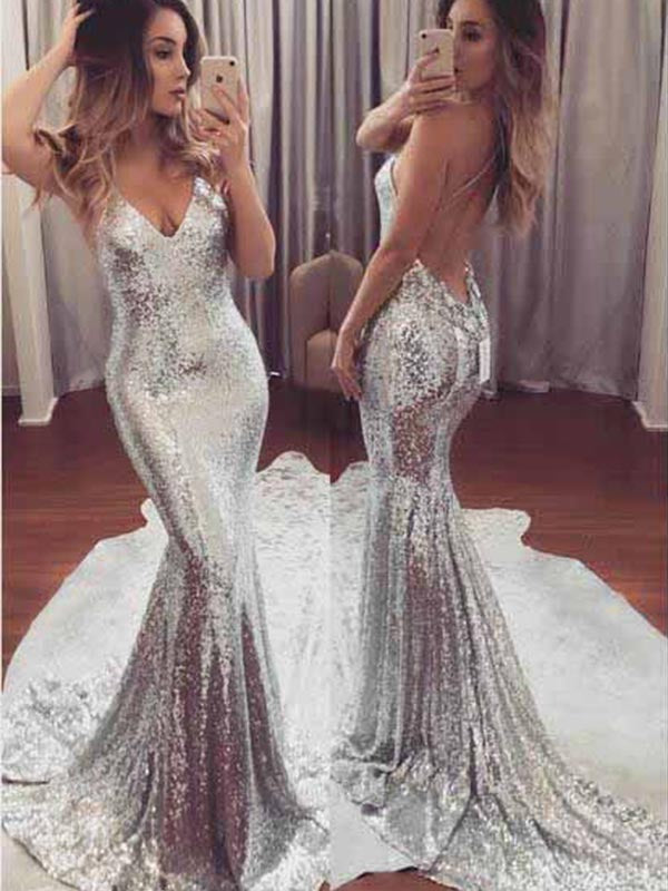 Sparkly Spaghetti Straps V-neck Backless Sequins Mermaid Prom Dress Evening Dress, OL612