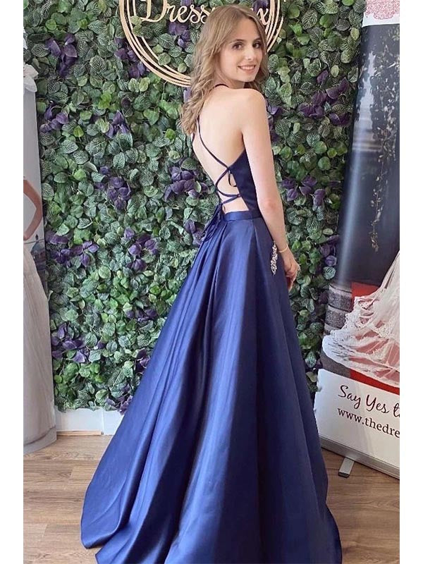 Navy Blue Satin Lace Up Back A-Line Prom Dress With Pockets, OL616