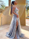 Spaghetti Straps Long Silver Tulle Prom Evening Dress With Split, OL619