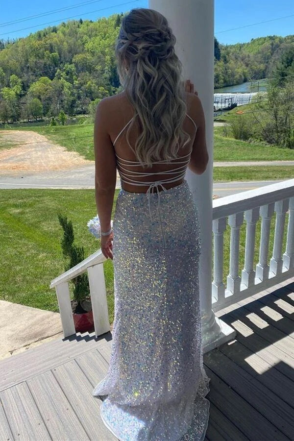 White Sequins Long Prom Dresses Backless Mermaid Ivory Formal Graduati RomanBridal White Sequins Long Prom Dresses Backless Mermaid Ivory Formal Graduati RomanBridal