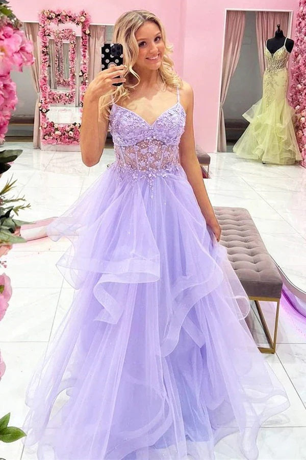 Gorgeous V-Neck Beaded Purple Lace Floral Long Prom Dresses, OL625