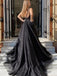 Shiny Tulle V-Neck Open Back Black Long Prom Dresses with High Slit, OL626