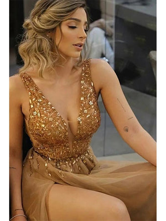 Backless Long A-Line Brown Beaded Sweetheart Tulle Prom Dresses, OL627