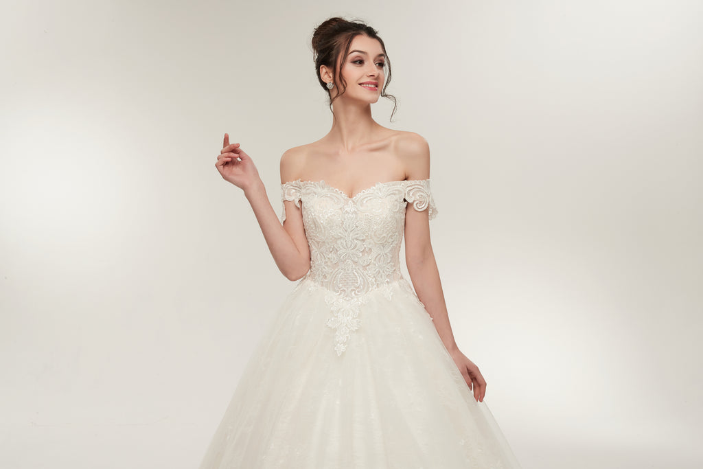 Off-shoulder Lace Appliques Top Organza Ball Gown, Ivory Wedding Dresses, WD0463