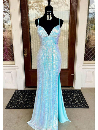 Sparkly Spaghetti Straps A-line V-neck Prom Dress with Side Slit, OL644