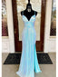 Sparkly Spaghetti Straps A-line V-neck Prom Dress with Side Slit, OL644