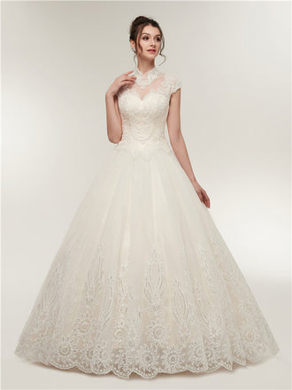 High Neck Cap Sleeves Lace Appliques Beading Open Back Wedding Dresses, WD0464