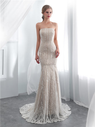 Mermaid Strapless Lace Appliques Lace up Back Wedding Dresses, WD0465