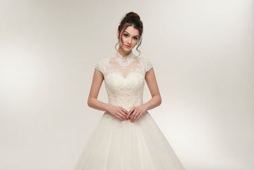 High Neck Cap Sleeves Lace Appliques Beading Open Back Wedding Dresses, WD0464