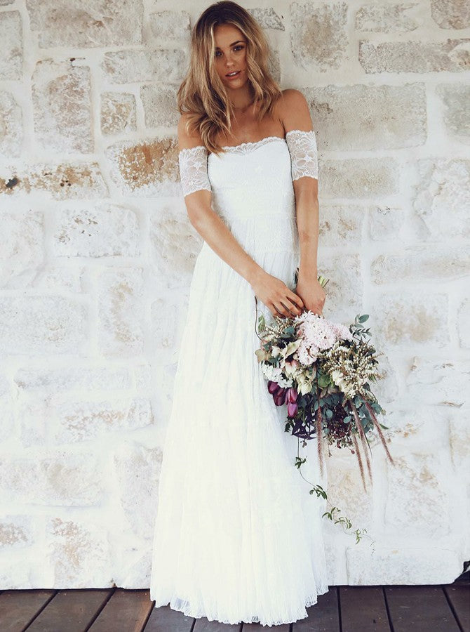 A-Line Modern Floor-length Off-the-Shoulder Short Sleeves Lace Beach Wedding Dress, WD0329