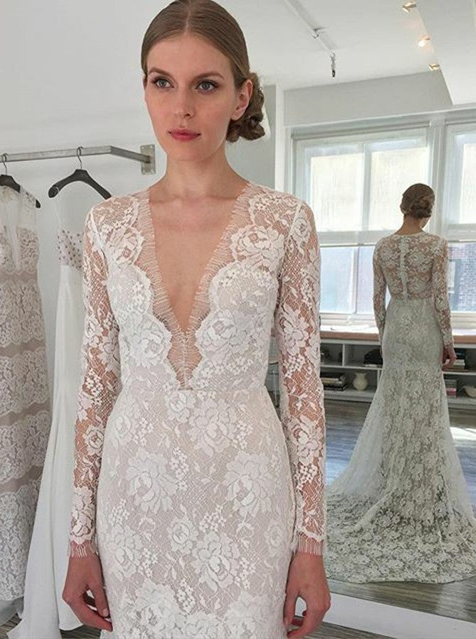 Long sleeve lace sexy white wedding dress with trailing, Sheath V-Neck Lace Wedding Dress, WD0327