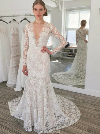 Long sleeve lace sexy white wedding dress with trailing, Sheath V-Neck Lace Wedding Dress, WD0327