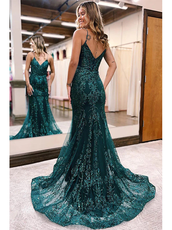 Green Tulle Mermaid Spaghetti Straps V-neck Prom Dress Evening