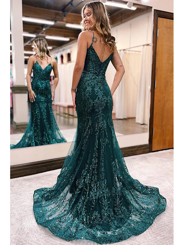 Green Tulle Mermaid Spaghetti Straps V-neck Prom Dress Evening Dress, RomanBridal Green Tulle Mermaid Spaghetti Straps V-neck Prom Dress Evening Dress, RomanBridal