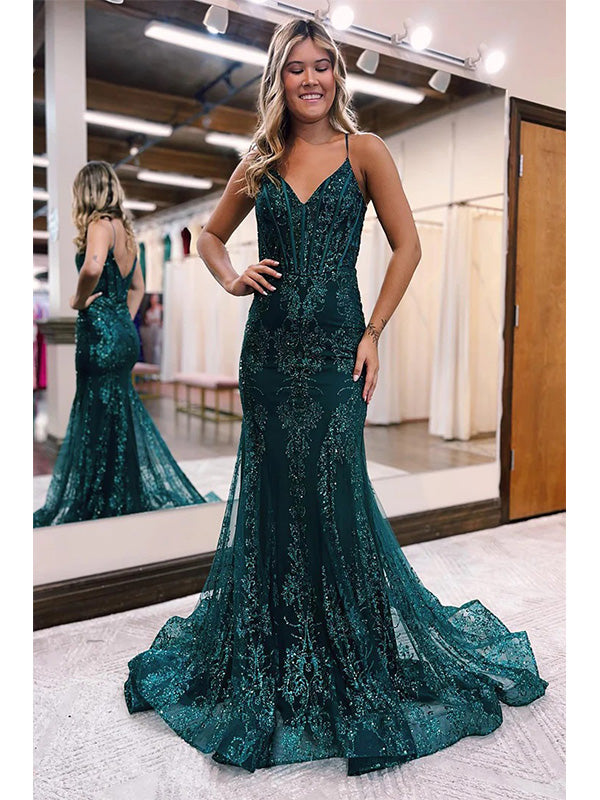 Green Tulle Mermaid Spaghetti Straps V-neck Prom Dress Evening Dress, RomanBridal Green Tulle Mermaid Spaghetti Straps V-neck Prom Dress Evening Dress, RomanBridal