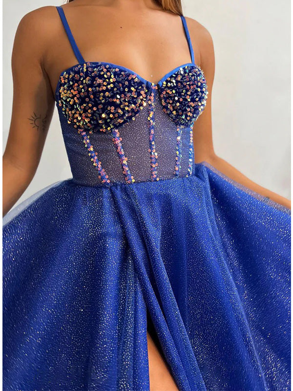 Elegant Blue Tulle A-line Spaghetti Straps Prom Dress Evening Dress, OL663