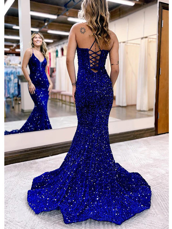 sparkly blue prom dress Luuvis Shiny Light Mermaid Spaghetti Straps Long Beaded Full Length Sleeve Style Glitter Navy Blue Spaghetti Straps