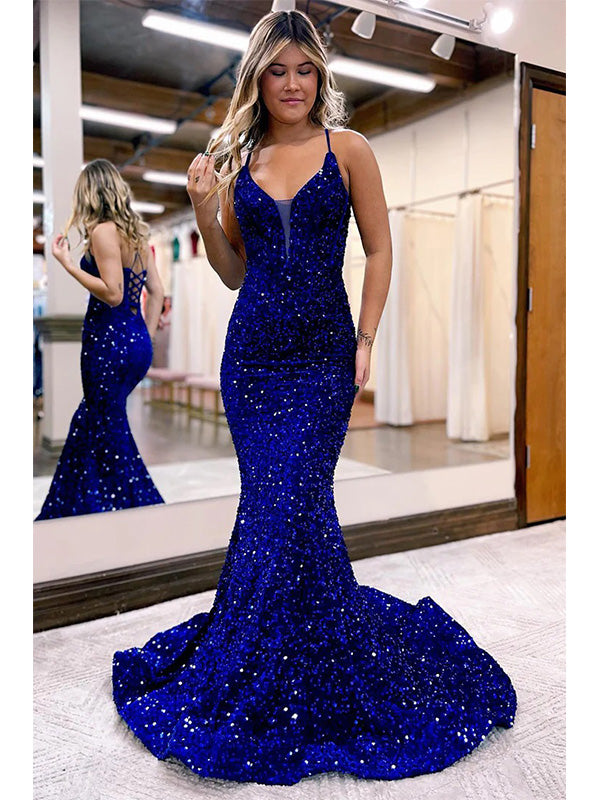 shimmery blue dress ZAPAKA Women Sparkly Sequins Light Blue Prom Dress with Slit Mermaid Spaghetti Straps Party Dress, Light Blue / UK14