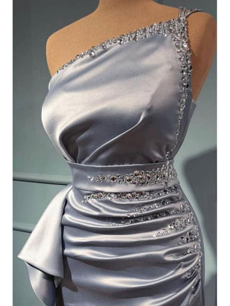 Elegant Mermaid One Shoulder Satin Prom Dresses Formal Dress with Beading, OL682