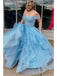 Light Blue Tulle Off-the-Shoulder Tiered A-Line Prom Evening Dress, OL675