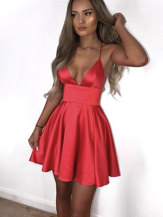 A-line Deep V-neck Spaghetti Straps Backless Homecoming Dresses, HD0519