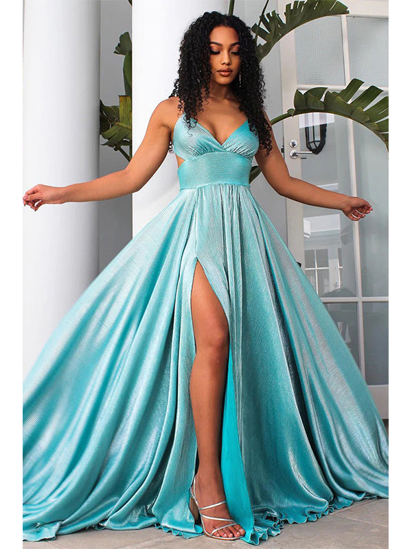 Elegant Spaghetti Straps V-neck Side Slit Long Prom Dresses Formal Dress, OL685