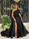 Satin One Shoulder Black A-line Prom Dresses Formal Dress with Side Slit, OL687