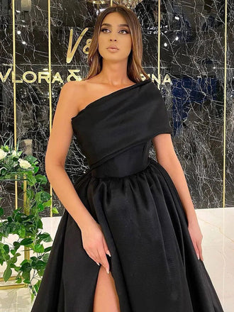 Satin One Shoulder Black A-line Prom Dresses Formal Dress with Side Slit, OL687