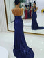 Sparkly Dark Blue sequin Backless Spaghetti Straps Long Prom Dresses Formal Dress, OL710