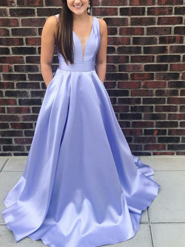 Elegant Light Blue Satin V-neck Sleeveless Long Prom Dresses Formal Dress, OL711