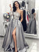 Elegant Grey One Shoulder Satin Applique Long Prom Dresses Formal Dress, OL712