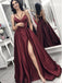Elegant Spaghetti Straps A-line Satin Long Prom Dresses Formal Dress with Side Slit, OL714