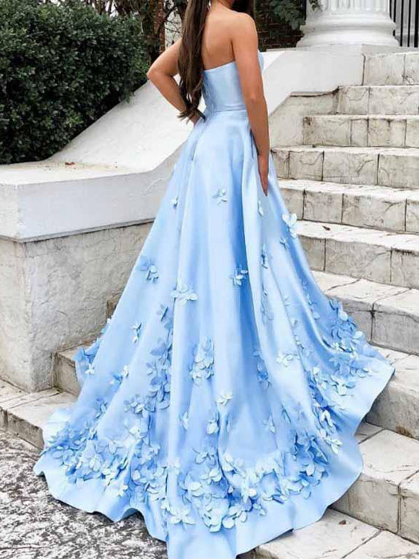 Elegant Light Blue Straight Neck A-line Satin Applique Long Prom Dresses Formal Dress, OL722