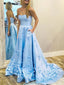 Elegant Light Blue Straight Neck A-line Satin Applique Long Prom Dresses Formal Dress, OL722