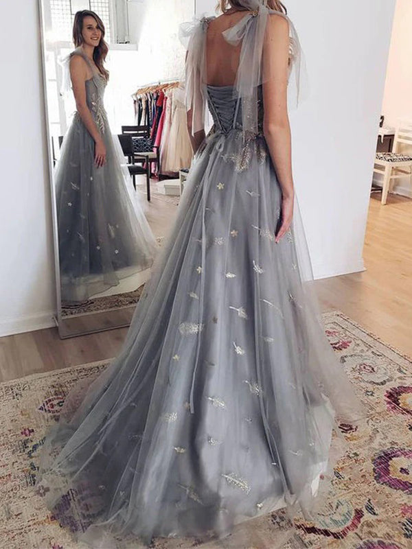Charming Straps A-line Tulle Applique Long Prom Dresses Formal Dress, OL724